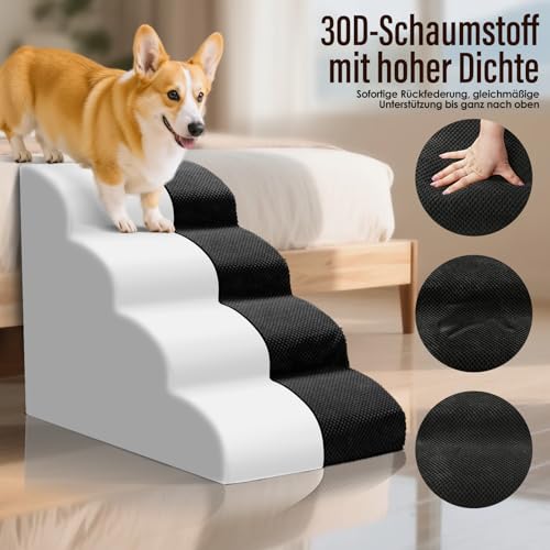 Thihome Hundetreppe für Kleine Hunde, 4 Stufen Haustiertreppe mit Abnehmbarem, Hochdichtem Schwamm Hunderampe mit Waschbarem, Hunde Treppe für Bett und Sofa (Schwarz)
