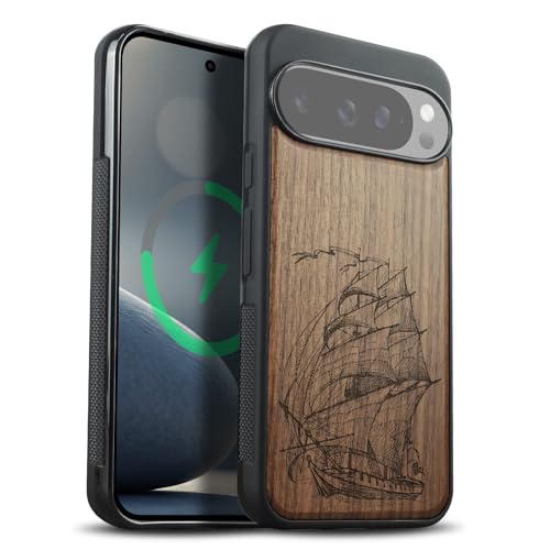 Coque en bois Pixel 10 Pro XL Carveit étui luxe Magsafe gravé bateau pirate