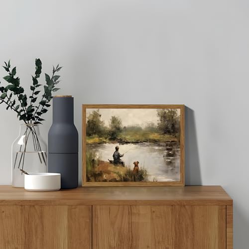 Image of Vintage Wall Art, Boy Fishing Wall Decor Paintings, Dog and Boy Landscape Canvas Prints Vintage Country Farmhouse Artwork for Bedroom Living Room 10x8 inch Wood Framed