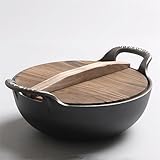 Lapiglo Wok de hierro fundido sin revestimiento con doble mango y tapa de madera, para estufas eléctricas de gas de inducción de fondo plano, 20 cm, sartén sin freír