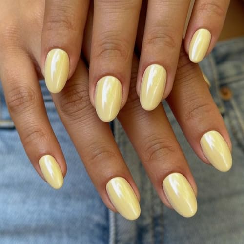 Yellow Chrome Press on Nails Short Almond Fake Nails Spring Summe...