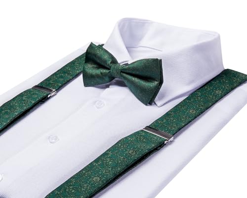 Image of Hi-Tie Dark Green Floral Suspender and Bow Tie for Men Adjustable Y Shape Strong Clips Braces Matching Pre-Tied Bow Tie Set for Daily Dress