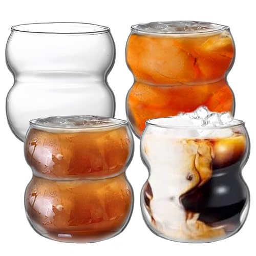 PORFOYO Lot de 4 verres à bulles - 380 ml - Verres à café glacé - Verres à cocktail - Verres à latte macchiato - Fabriqués à la main - Verre à café glacé pour lait, macchiato, whisky