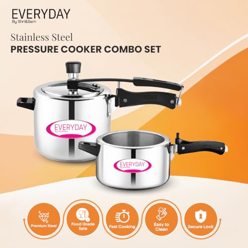 Image of Everyday Stainless Steel Pressure Cooker Combo (3.5L + 5L) | 2 Cookers, 1 Shared Lid | Mirror Finish | Inner Lid Design | Gas & Induction Compatible | Large Family Bundle