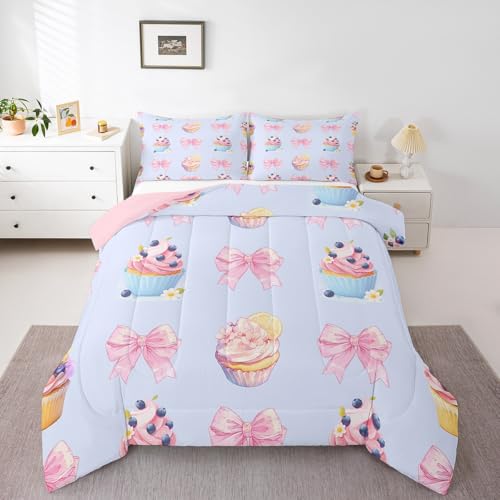 Loussiesd Juego de ropa de cama con lazo rosa para niños, niñas, adolescentes, decoración de habitación, cupcakes, helado, tamaño King, juego de edredón de postre kawaii, 3 piezas