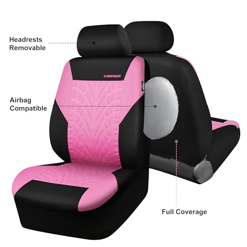 Image of CAR PASS Car Seat Covers Two Front Only for Car, 3D Tyre Print Automotive Interior Covers, Airbag Compatible, Quick Setup Universal Fit Seat Covers for Car, Truck, SUV(Black and Pink)