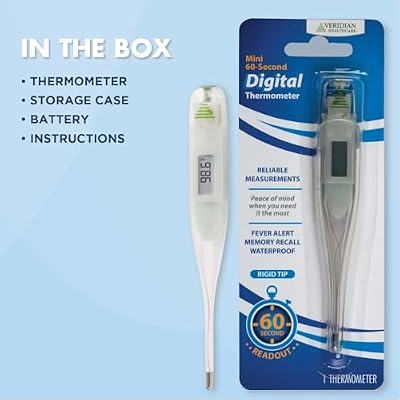 Veridian Healthcare Digital Thermometer | 60-Second Readout | Fahrenheit Measurements | Rigid Tip | Fever Alert |