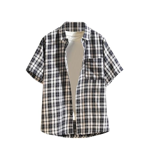 Mens Checked Shirt Short Sleeve, Short Sleeved Shirts for Men Plaid Print Regular Fit Casual Shirt Button Down Turn-Down Collar Summer Tops Lightweight Outerwear with Pocket M-5XL Black