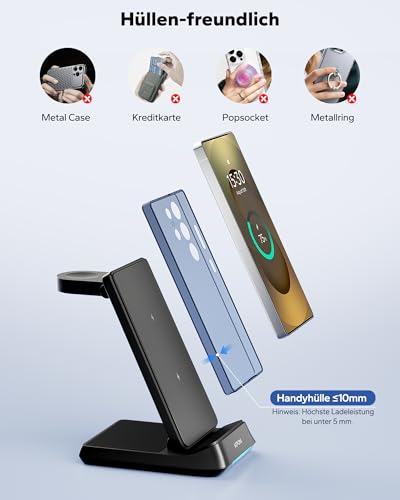 KPON 3 in 1 Ladestation für Samsung Watch und Handy, Faltbar Induktive Ladegerät für Samsung S26/S25/S24/S23/S22/Z Flip/Fold7/FE, Wireless Charger für Galaxy Watch Ultra/8/7/6/5/4, Galaxy Buds-schwarz