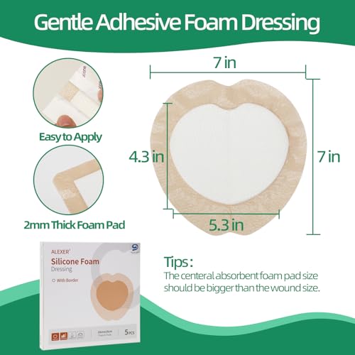 Jointown Foam Absorbent Wound Care Dressing, Adhesive Silicone Sacral Foam Dressing with Border, Waterproof Bed Sore Bandages, 7\"x7\", 5 PCS