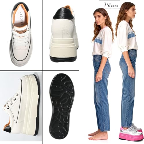 Image of Platform Sneakers For Women - (3 inch-3.5 inch )6cm Heel & 3cm Inner Lift, Comfortable Cushioned Arch Support, Non-Slip Casual Walking Shoes, Microfiber Leather Platform Shoes White Black Red Yellow