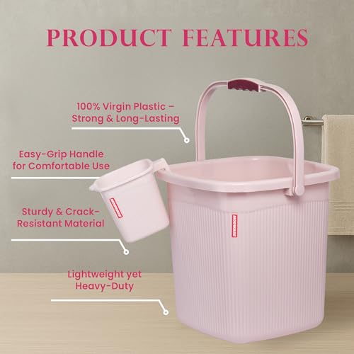 Image of Modware Square Ribbon Plastic Bucket Set with Mug | 25L Brown Bathroom Bucket with Handle + 1.5L Mug | Heavy-Duty Polypropylene + Co-Polymer | Stylish & Durable Bath Set (Pink 25 L)