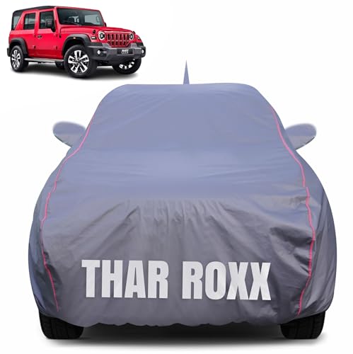 Image of 100% Waterproof Car Body Cover for Mahindra Thar Roxx (2024-2025) with Mirror Pocket (Heat & UV Resistant, Triple Stitched, Soft Lining, Bottom Elastic & Piping) Grey