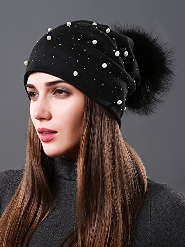 Womens Slouchy Beanie Hat With Real Raccoon Fur Ball Pompom Cotton Pearls Winter Fall Hat #TOP3