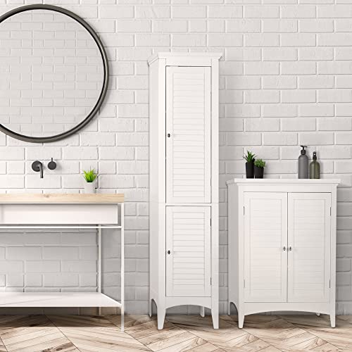 Elegant Home Fashions Glancy Linen Tower Freestanding Cabinet Tall Narrow Bathroom Kitchen Living Room Storage With 2 Shutter Doors 5 Tier Shelves, White, Standard #TOP1