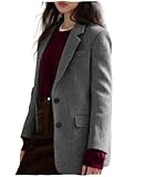 Women Suit Blazer Herringbone Pattern Woolen Coat Ladies Mid- Length Professional Casual Retro Only Jacket Grey