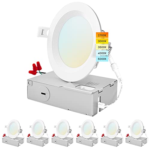 LUXRITE 4 Inch Ultra Thin LED Recessed Lighting, 10.5W, 5 Color Selectable 2700K | 3000K | 3500K | 4000K | 5000K, CRI 90, 750 Lumens, Dimmable LED Wafer Lights, Wet Rated, Baffle Trim (6 Pack)