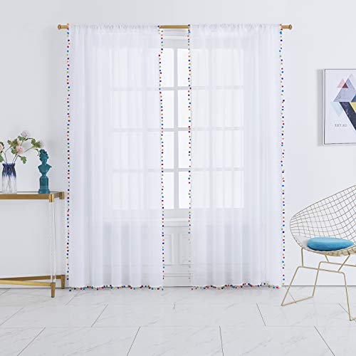 Image of Treatmentex White Sheer Curtains Multi Colorful Pom Pom Sheer Drapes 63 inch inches Long Window Draperies for Nursery Room Bed Canopy 2 Panels Rod Pocket