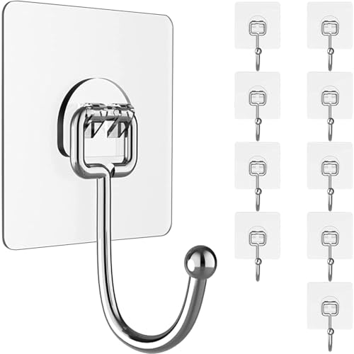 Image of Sarimaya Adhesive Wall Hooks Heavy Duty (Pack of 10) - Transparent Sticky Hooks for Hanging Towels, Coats, Kitchen Utensils - Waterproof Stainless Steel No Drill Hook for Home & Bathroom