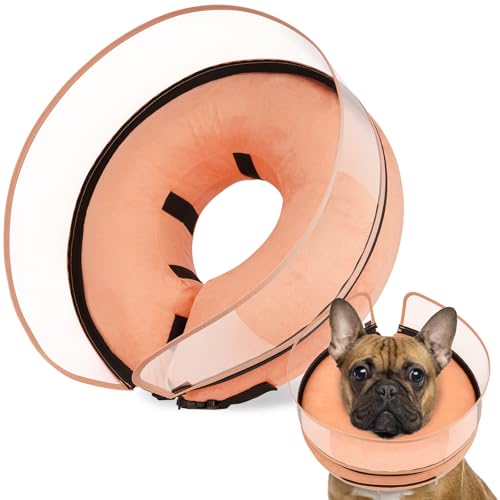 Image of BARKLESS Dog Cone, Inflatable Dog Cone After Surgery, Soft Surgery Collar with Enhanced Anti-Licking Guard Shield for Pets, Patented Protective Donut Collar (Orange, M+ (Neck:11 inch-14 inch))