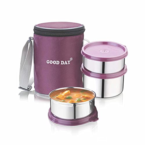 Image of GOOD DAY Prefect Insulated Tiffin Box | Stainless Steel Lunchbox Container| 3Pcs Air-Tight Containers with Bag | Hot Food Kitchen, Traveling, School, College & Office Use | Pink|