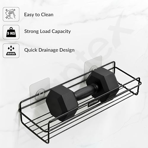 Image of Plantex Self Adhesive Bathroom Shelf Rack /Bathroom Organiser Without Drill /GI-Steel Shelf for Kitchen with Magic Stickers /Bathrooms Accessories- (12x5 inches,Black)