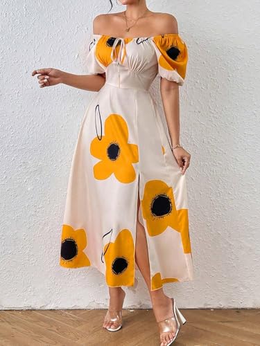 Image of GRECIILOOKS Summer Dress for Woman | Boho Square Neck Long Dress | Women's Puff Sleeve Floral Printed A Line Maxi | Elegant Tie Front Slit Outfit | Comfortable Beach, Vacation, Party & Holiday Outfit