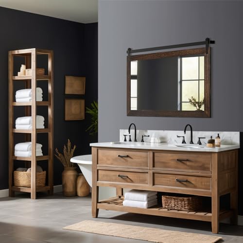 Image of COGOOD Farmhouse Barn Door Mirror - 41 x 26 Rustic Wood Framed Wall Mirror for Bathroom, Living Room, Entryway Wall Decor (Black Brown)