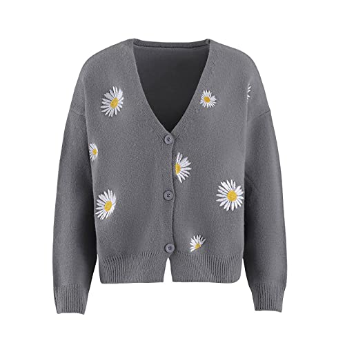 Women Y2K Knitwear Cute Daisy Pattern Cardigans Sweater Teen Girls V-Neck Button Down Long Sleeve Outerwear Tops3