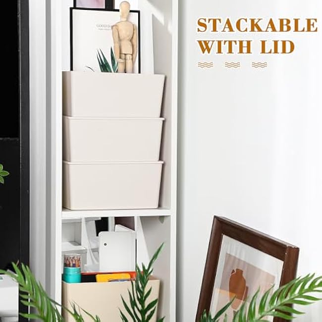 4 Pcs Storage Bins with Lids Plastic Containers Stackable Storage Box Baskets for Organizing Shelves(Beige, Small)