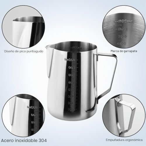Miniatura 3 de Jarra De Leche, 32 Onzas 900 Ml De Acero Inoxidable, Jarra De Leche Para Máquina De Espresso, Café, Capuchino, Latte Art - Plata