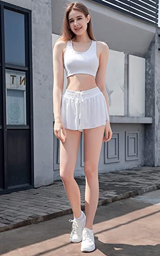 Flowy Shorts, 2 In 1 Butterfly Shorts High Waisted Athletic Shorts For Women Workout Biker Running Yoga Gym Tennis White #TOP1