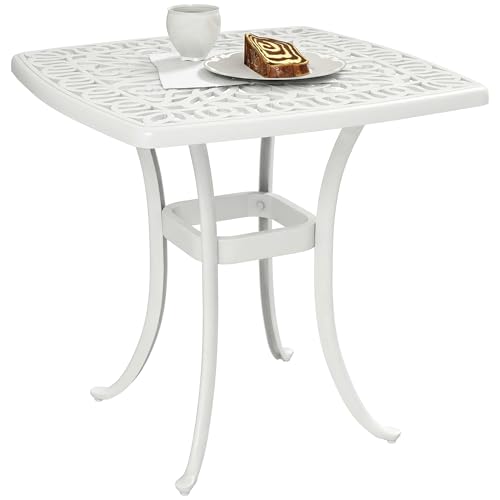 Image of Outsunny Outdoor Garden Table, Cast Aluminium Patio End Table with Umbrella Hole and Anti-slip Foot Pads for Garden, Patio, Balcony, 54 x 54 cm, White