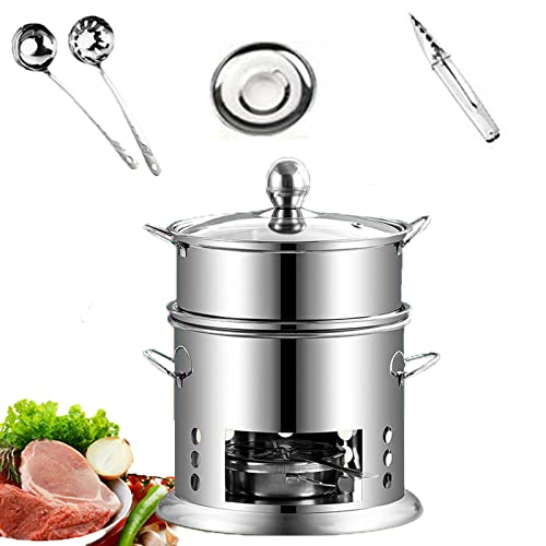 Cugzue Spirituskocher 2-flammig, Tragbare Spirituskocher Für Innenräume mit Topf Und Dampfgarer, Rostfreier Stahl Campingkocher, Kein Strombedarf Geeignet Für Indoor Und Camping Cover