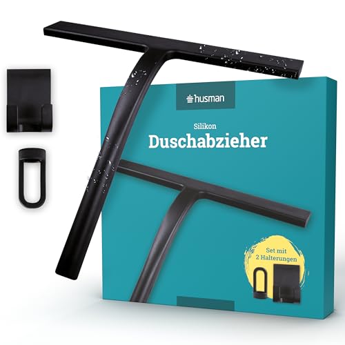 husman Silikon Duschabzieher schwarz | Abzieher Dusche Badezimmer Zubehör | Fensterabzieher Fensterwischer Set mit Halterung ohne Bohren für Duschwand | Fenster Scheibenabzieher Auto Bad Accessoires