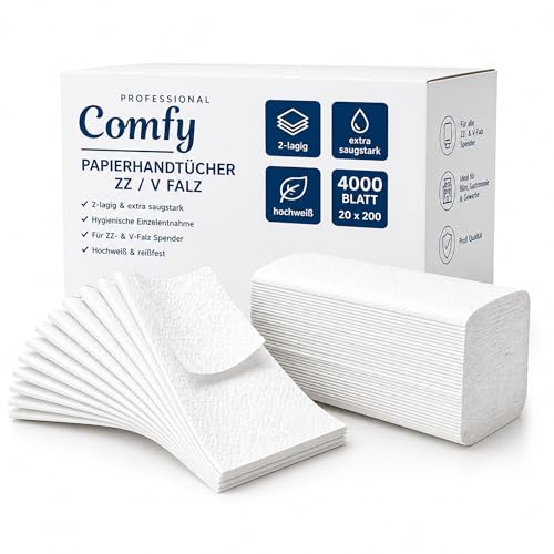 Papierhandtücher 4000 Blatt V-Falz/ZZ-Falz 24 × 21 cm – 2-lagig, hochweiß & hygienisch extra saugstark & reißfest – ideal für Gastronomie, Büro & Waschräume