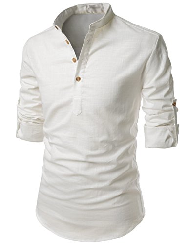 TheLees (NKN350 Transform Roll-Up Sleeve Mandarin Henley Neck Linen Shirts Ivory US XXXL(Tag Size 3XL)