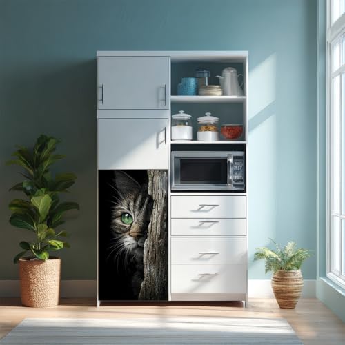 Image of 14.6x32.3 Inch Trash Can Cover Cat Peeking from Behind Tree Design Outdoor Garbage Bin Decoration Sticker Wrap