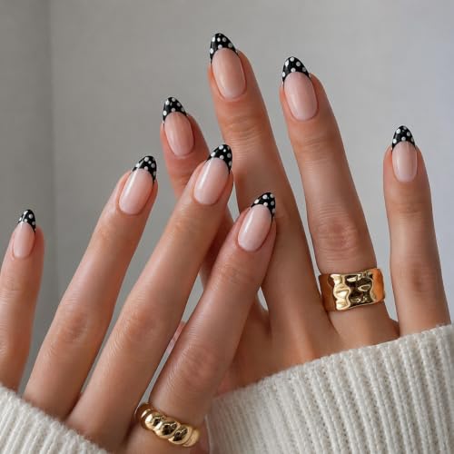 Image of 24PCS Black White Polka Dot French Press On Nails - Almond Fake Nails with Nude Wave Tip Design - Acrylic False with Jelly Tabs for Everyday Wear and Chic Styling