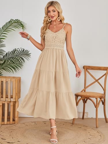 Image of Dokuritu Women's Beach Crochet Lace Maxi Dress Solid Color Summer Vacation Wedding Guest Spaghetti Strap Long Dress