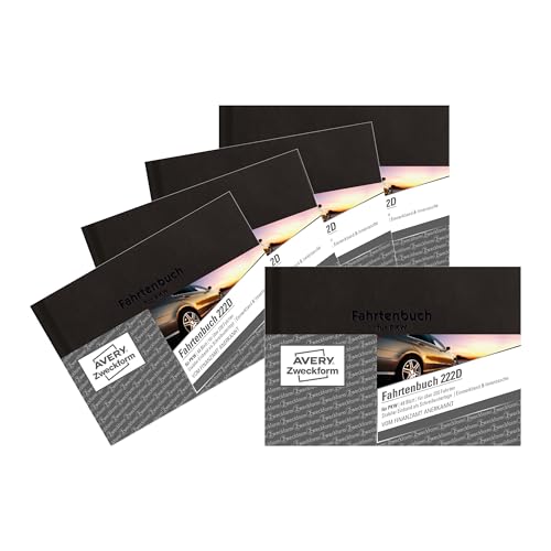 AVERY Zweckform 222D-5 Hardcover Fahrtenbuch PKW (Finanzamt anerkannt, DIN A6 quer 148x105mm, 80 Seiten|230 Fahrten, Deutschland & Österreich, Abgrenzung privater/geschäftlicher Fahrten) 5er-Pack