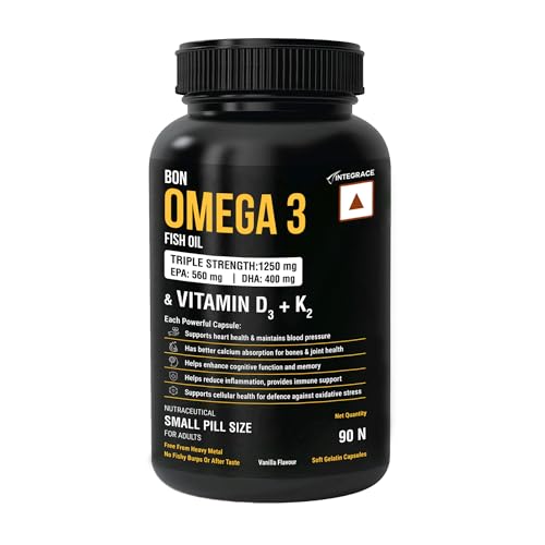 Image of Fish Oil 1250mg with Vitamin D3 & K2, 90 Softgels | 3X Triple Strength 560mg EPA & 400mg DHA | Supports Heart, Bone Health, Brain & Immunity | Easy to Swallow Small Pills | Non-GMO, Burpless Anti-Reflux, No Heavy Metals