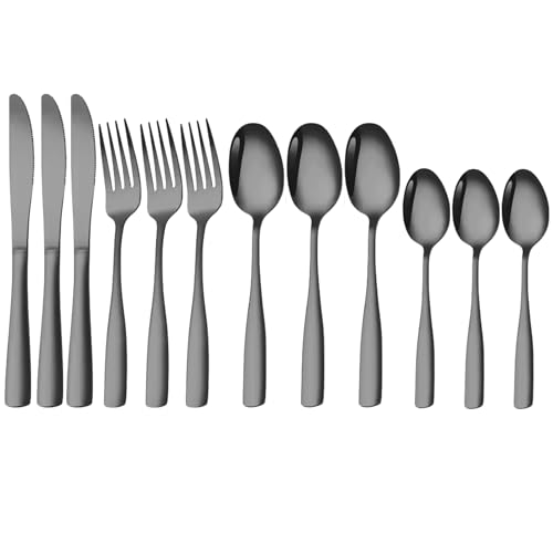 Image of aDai Charcoal Black Silverware Set, Satin Finish | 12-Piece Stainless Steel Flatware Set | Dishwasher Safe Kitchen Cutlery for Home, Restaurant & Gifting