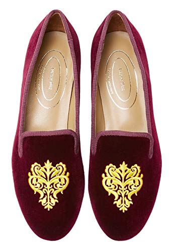 Image of Journey West Women's Velvet Loafer Flat with Embroidery Smoking Slippers Slip on Shoes for Women Vine Burgundy US 8
