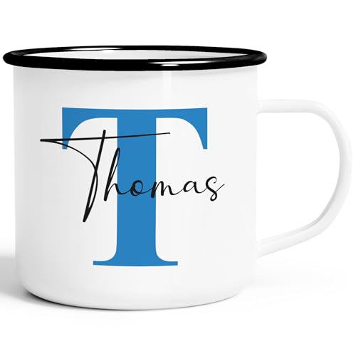 SpecialMe® Emaille-Tasse mit Namen Buchstabe Emaille-Becher Monogramm Initiale personalisierte Geschenke Namensaufdruck Weiss-schwarz… – Ansicht 1
