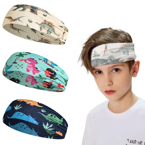 Haarband Jungs Kinder, 3er-Pack Atmungsaktive Stirnbänder mit Dino-Motiven, Schweißabsorbierend & Extra Weich für Fußball, Sport, Schule & Kindergarten