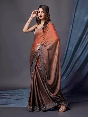 Image of TRENDMALLS Women's Rangoli Silk Embroidery Siroski Work Double Shade Saree with Blouse Piece