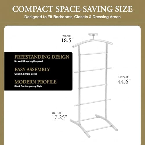 Image of Kings Brand Freestanding Metal Suit Valet Stand with Tie Bar, White | Complete Clothing Organizer with Hanger, Trouser Bar & Shelf Keeps Jackets, Pants, Ties, Belts & Accessories Organized