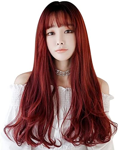 Perruque rouge cosplay longue synthétique | Cheveux lisses vin rouge résistant à la chaleur