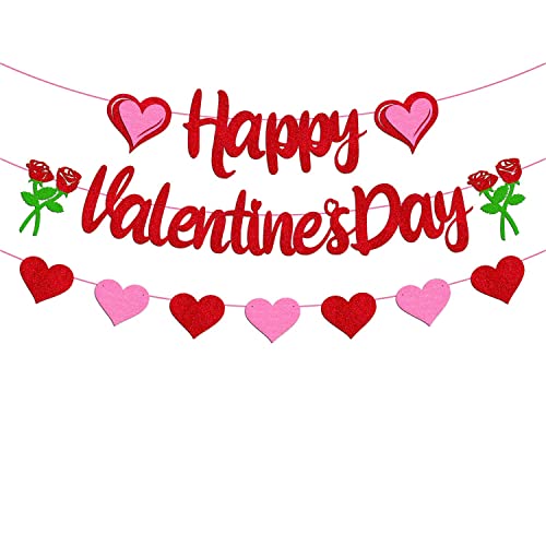 Image of FestikoHappy Valentine's Day Banner Romanic Red Heart Garland for Women Girls Valentine's Day Themed Anniversary Wedding Engagement Bridal Shower Party Supplies Glitter Decorations